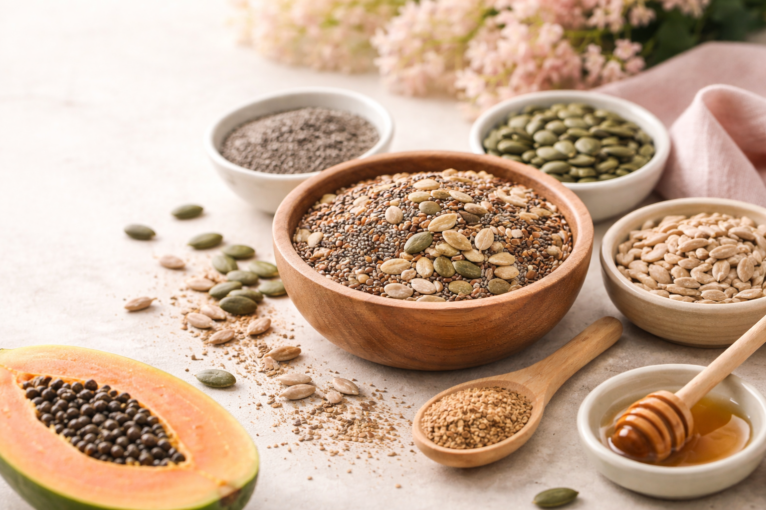 A healthy mix of pumpkin, chia, and sunflower seeds